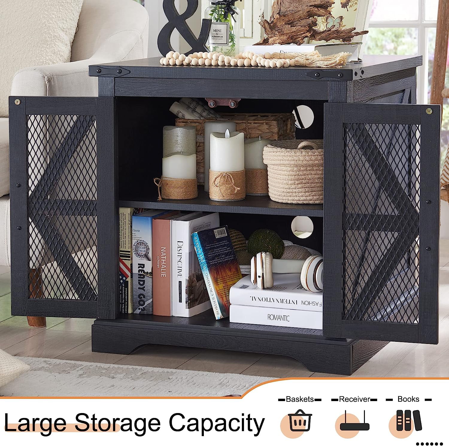 T4TREAM Nightstand with Adjustable Shelves, Farmhouse End Side Table with Charging Station for Bedroom Living Room, Black