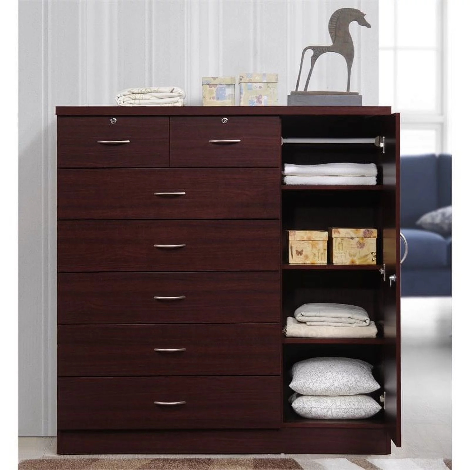 Home Square 2 Piece Bedroom Set with Captain Bed and Chest in Mahogany Wood