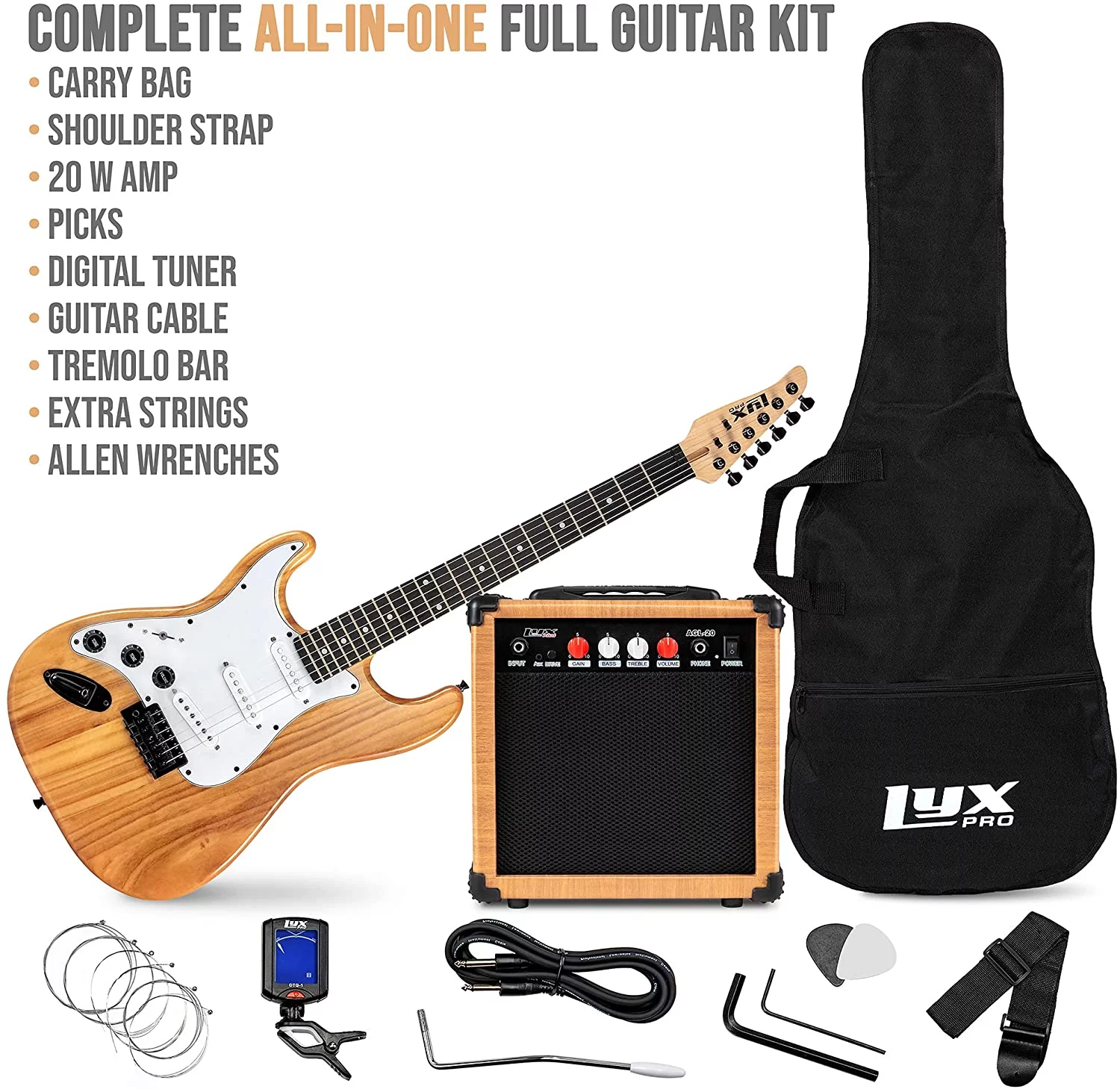 LyxPro Left Handed 39” Electric Guitar & Electric Guitar Accessories, Natural