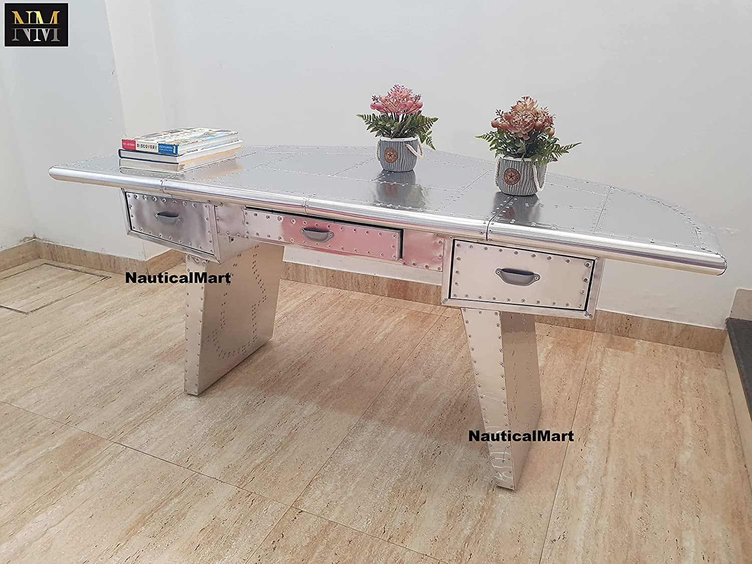 NauticalMart Aviator Executive Fighter Jet Wing Desk Polished Aluminum Home Office Furniture (78 Inches)