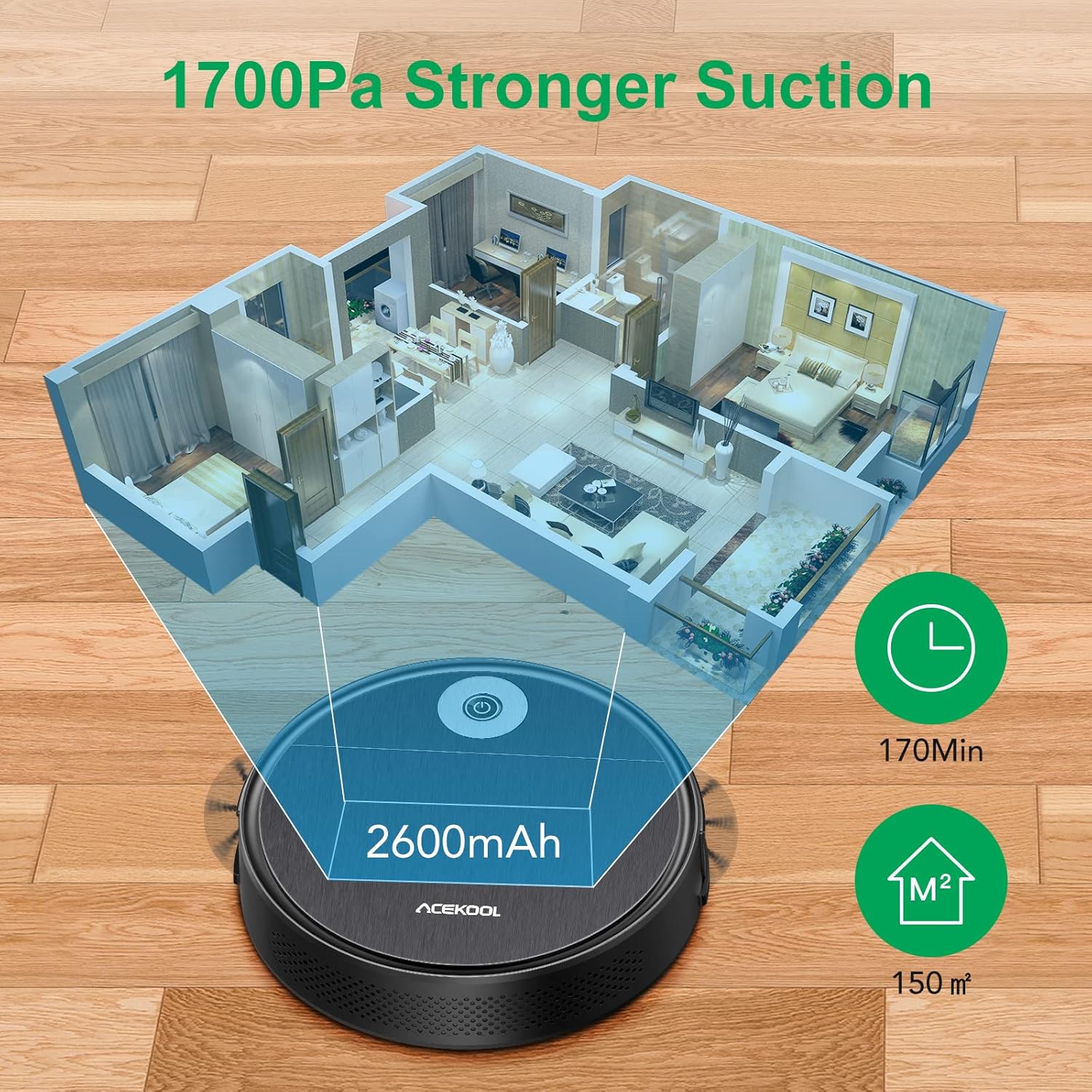 Robot Vacuum Cleaner, Acekool Automatic Vacuum Robotic Smart Self-Charging Wi-Fi Robot 1700pa Strong Suction 170min Runtime Good Cleaning Dust, Pet Hair for Carpets, Hard Floors