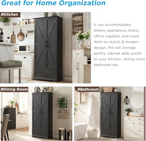 72" Farmhouse Kitchen Pantry Cabinet with Drawer, Tall Storage Cabinet with 2 Barn Doors and Shelves, Versatile Large Rustic Cupboard for Dining Room, Bathroom, Living Room, Laudry, White