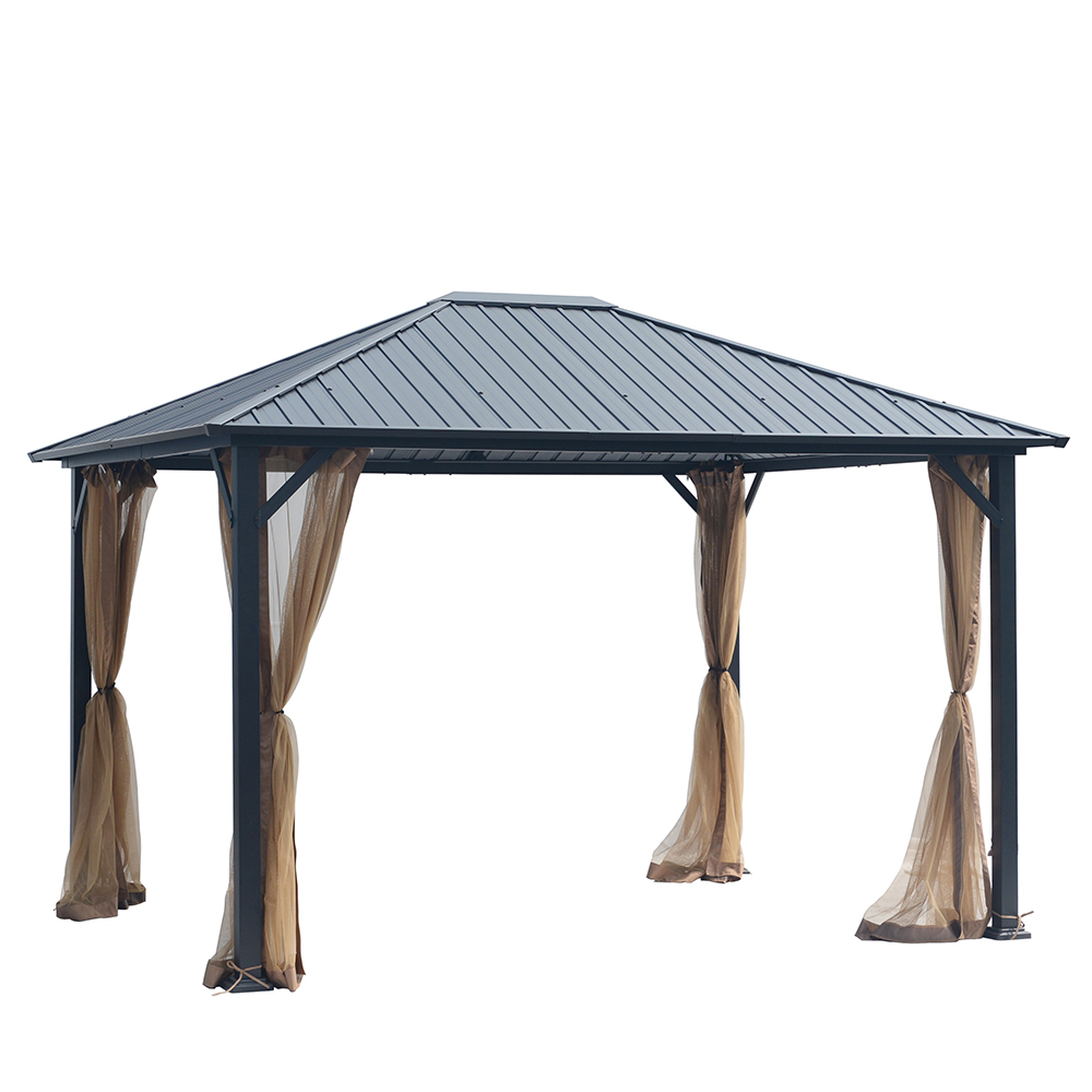 FineFind 10' x 12' Hardtop Gazebo Outdoor Metal Canopy Gazebo with Netting and Curtains for patios  all season