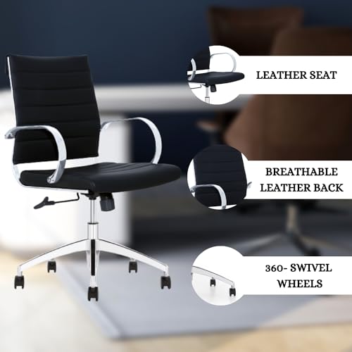 Ribbed Mid Back Conference Room Chairs - Lumbar Support, Modern Style Executive Chair for Home and Office - 360 Swivel Rolling Wheels - Aluminum Chrome Frame & Base - Black (Pack of 8)