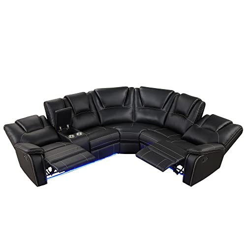 PU Leather Living Room Set Manual Reclining Sectional Sofa w/Infinite Lounge&Metal Frame for Home Office,Multi-functional Leisure Sofa Recliner Couch w/LED,Cup Holders&Hidden Arm Storage for 6 (Brown)