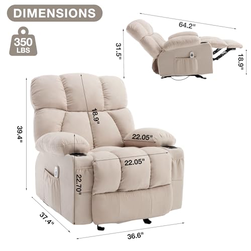 Massage Rocker Recliner Chair with Heat and Vibration Ergonomic Rocking Lounge Chair for Living Room Comfy Overstuffed Recliner with 4 Side Pockets,2 Cup Holders, USB Charge Port, Grey