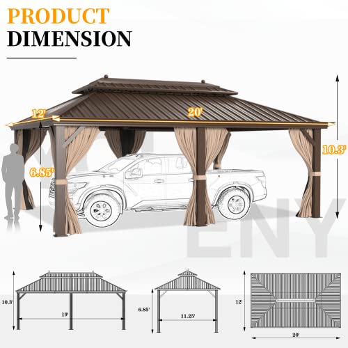 YOLENY 10' x 12' Hardtop Gazebo, Wood-Looking Gazebo with Galvanized Steel Double Roof, Aluminum Frame, Permanent Metal Pavilion with Netting and Curtains for Deck, Backyard, Patio and Lawns