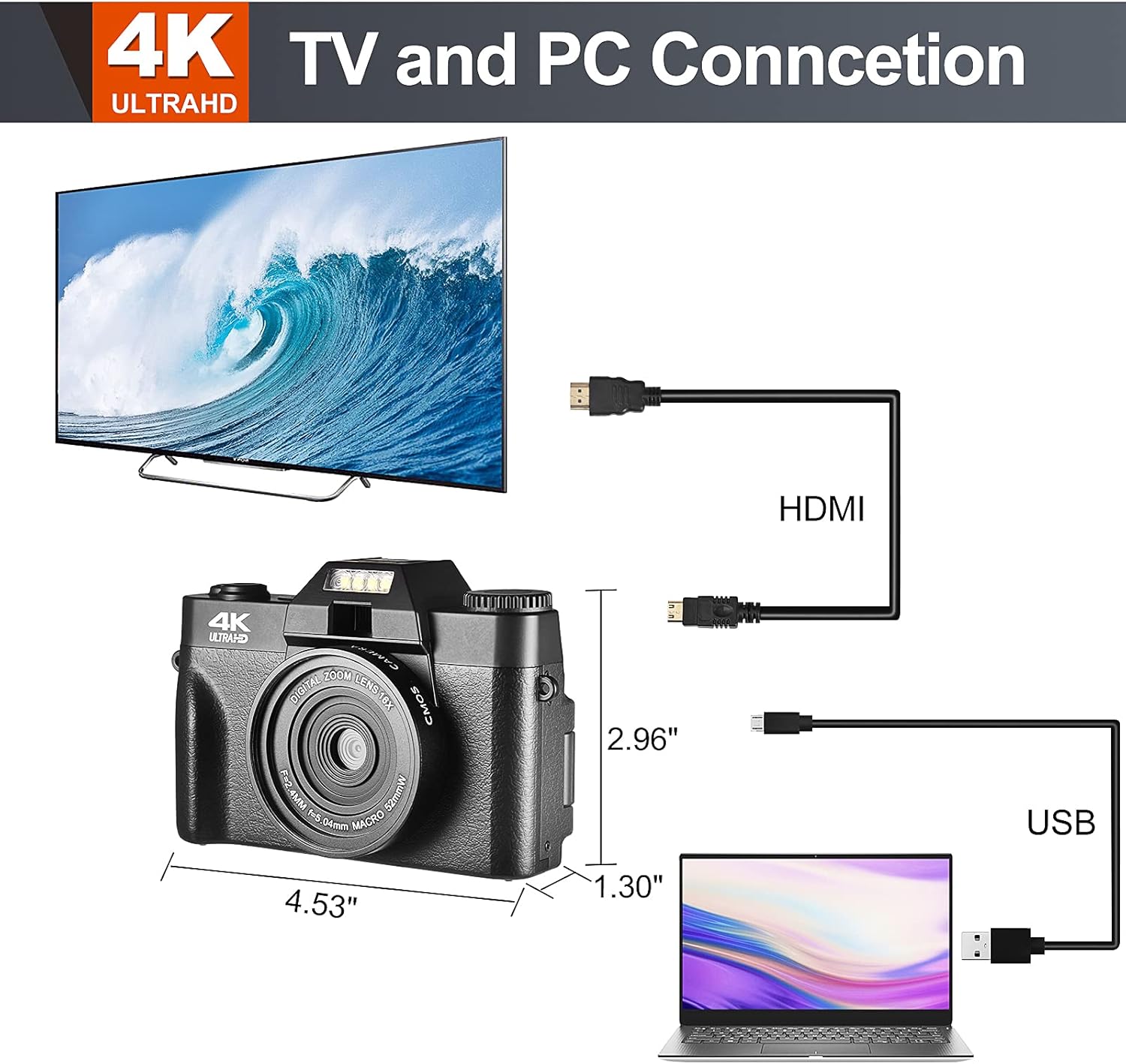 4K Digital Vlogging Camera for YouTube Autofocus Camcorder for Photography 48MP Video Camera with WiFi Connection 3.0" IPS Flip Screen, Wide Angle Lens,16X Digital Zoom (32GB SD Card, 2 Batteries)