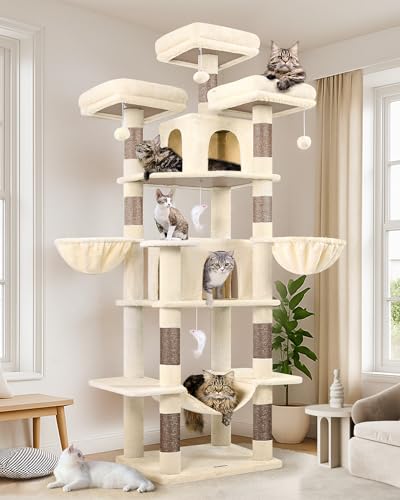 Globlazer Big Cat Tower for Indoor Cats, 80inch Cat Tower for Multiple Adult Cats XXL Cat Tree with Scratching Post, Hammock, 3 Perches, 2 Condos, 2 Hanging Basket, F80, Light Grey