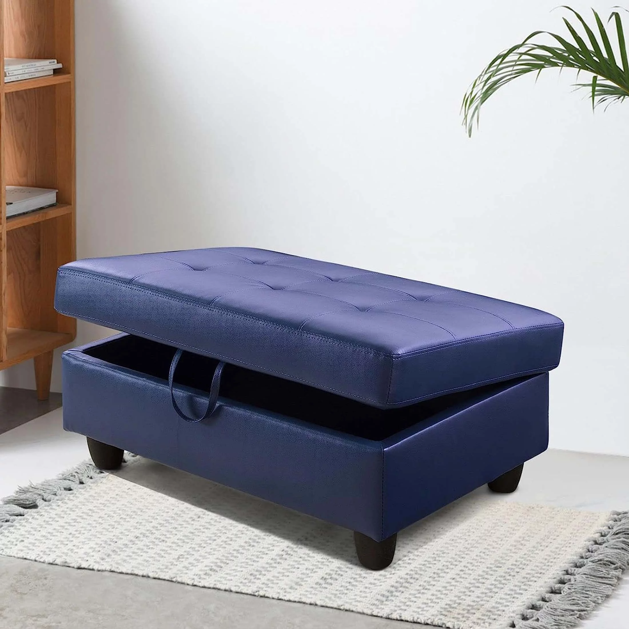 Momspeace Living Room Sectional Couch with Storage Ottoman, Modern PU Leather L-Shaped Sofa Couch Set - Blue