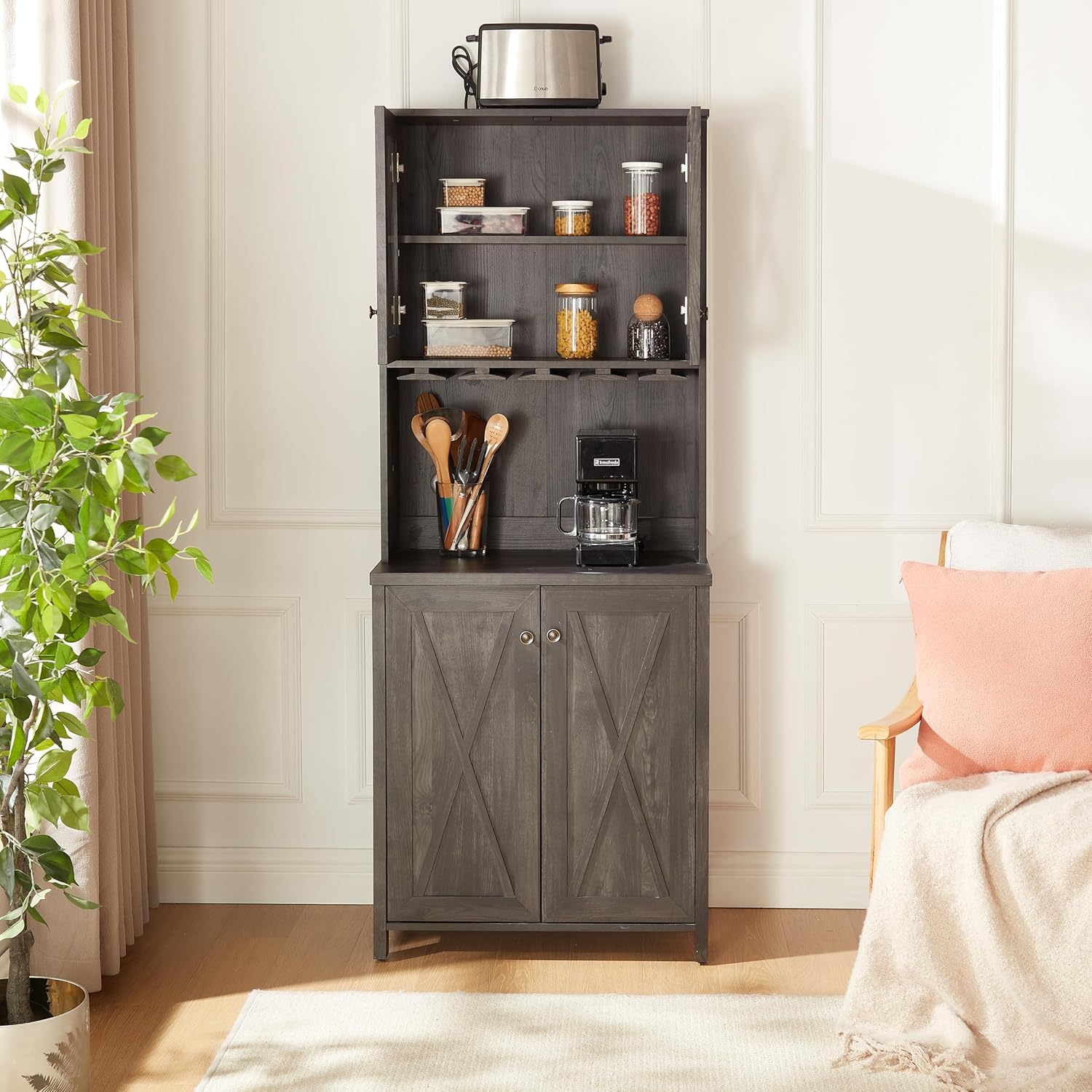 CHARMMA Coffee Bar Cabinet Kitchen Cabinet with Microwave Stand Metal Frame Side Home Source Bar Cabinet Cabinet and Hollow out Barn Design Wood Cabinet L26.77''*W15.75''*H67.32'' Charcoal Gray