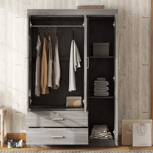 3 Doors Wardrobe Armoire with Mirror, Modern Wood Armoire Wardrobe Cabinet with Shelves & Hanging Rod, Bedroom Armoire Clothes Organizer (Gray-3G)