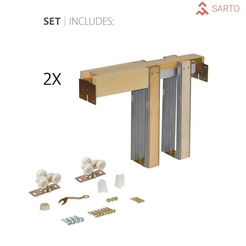 SARTODOORS Sliding French Double Pocket Doors 48 x 80 inches | Veregio 7602 Matte Grey with Frosted Glass | Kit Trims Rail Hardware | Solid Wood Interior Bedroom Sturdy Doors