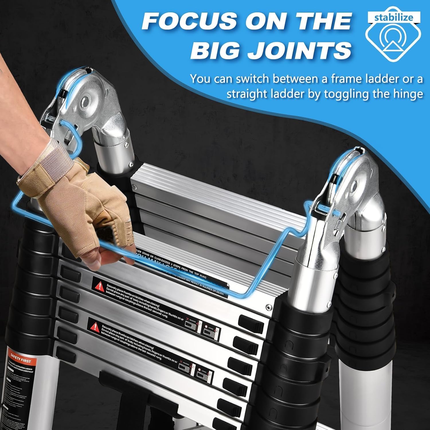 16.5 Ft Telescoping Ladder, A Frame Extension Ladder, Portable Collapsible RV Ladder with Wheels, Stabilizer Bar and , Aluminum Telescopic Ladder for Homework 330lb Capacity