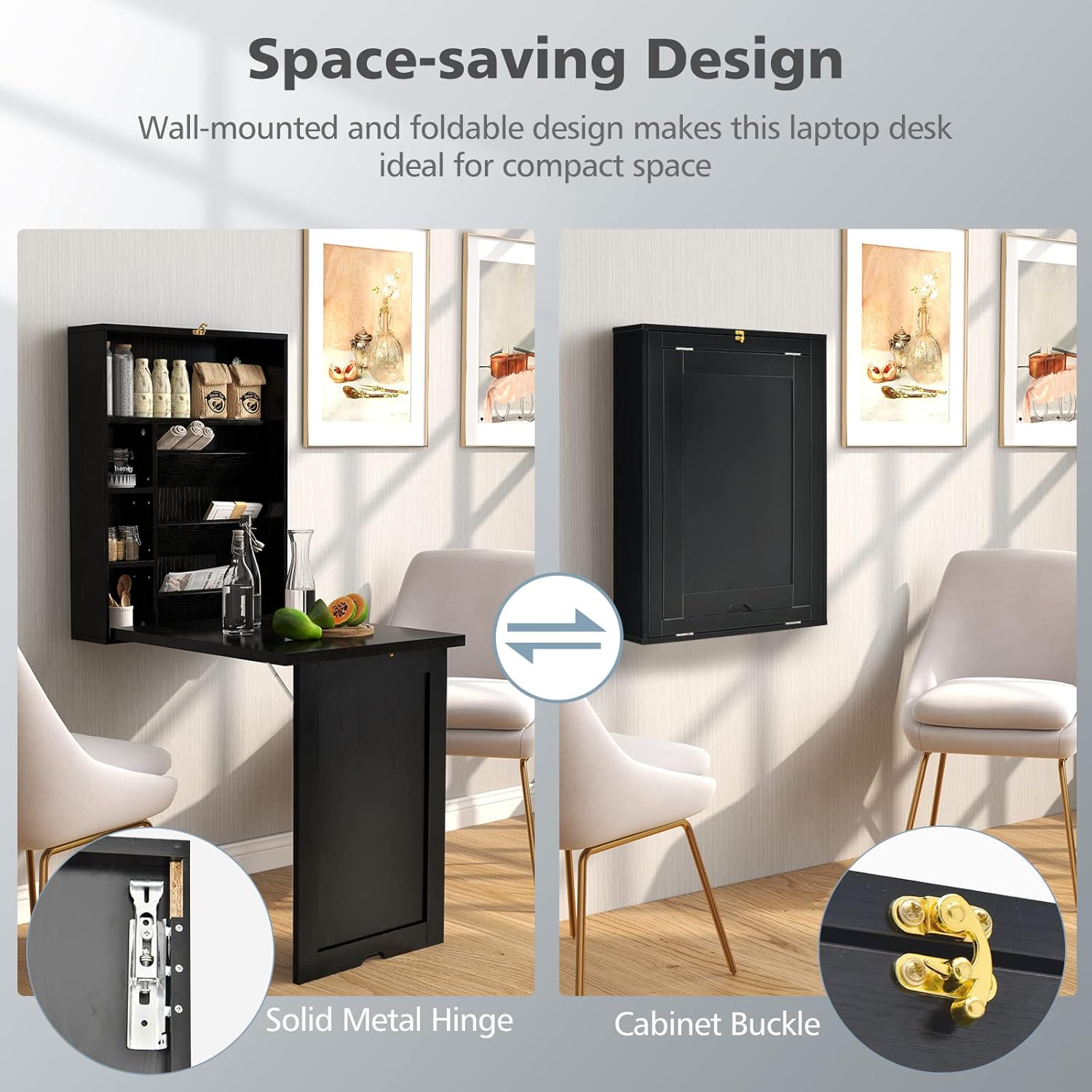 Wall Mounted Desk, Multi-Function Home Office Workstation with Storage Shelves, Space Saving Fold Out Convertible Floating Table for Bedroom, Living Room, Study Room, and Small Spaces (Black)