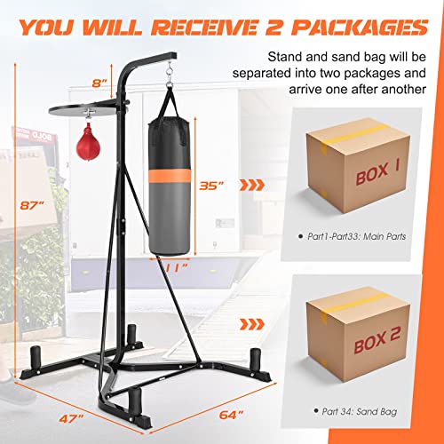 GYMAX Punching Bag with Stand Adult, Freestanding Boxing Machine with Height Adjustable Speed Ball & Sandbag, Pre Filled Heavy Punching Bag for Adults, Kickboxing Bag for Training MMA Muay Thai