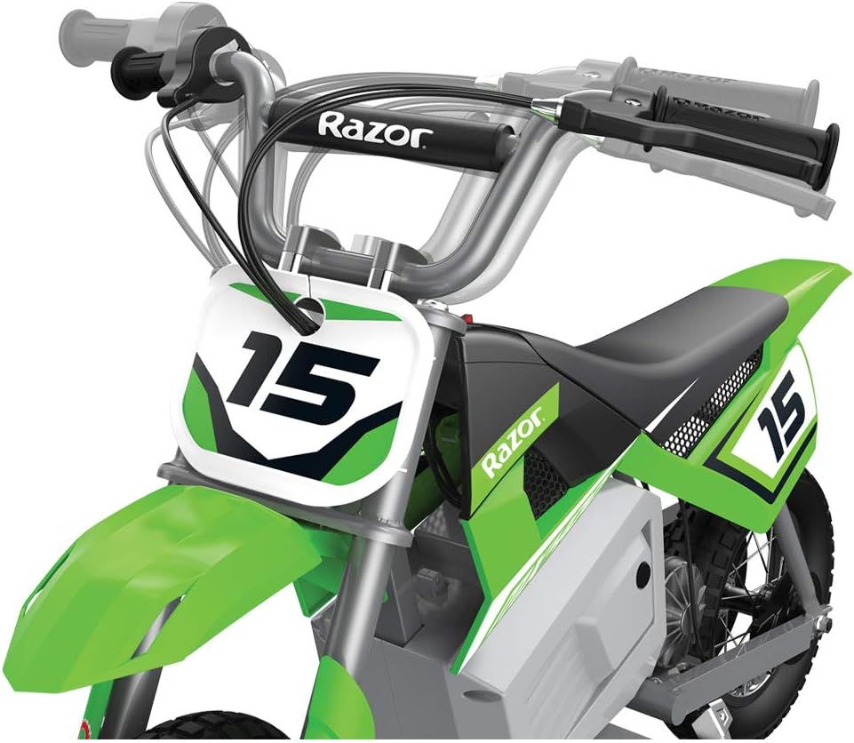 Razor MX350 and MX400 Dirt Rocket 24V Electric Motocross Motorcycle Dirt Bike with Hand-Operated Brakes and Retractable Kickstand, 1 Blue & 1 Green