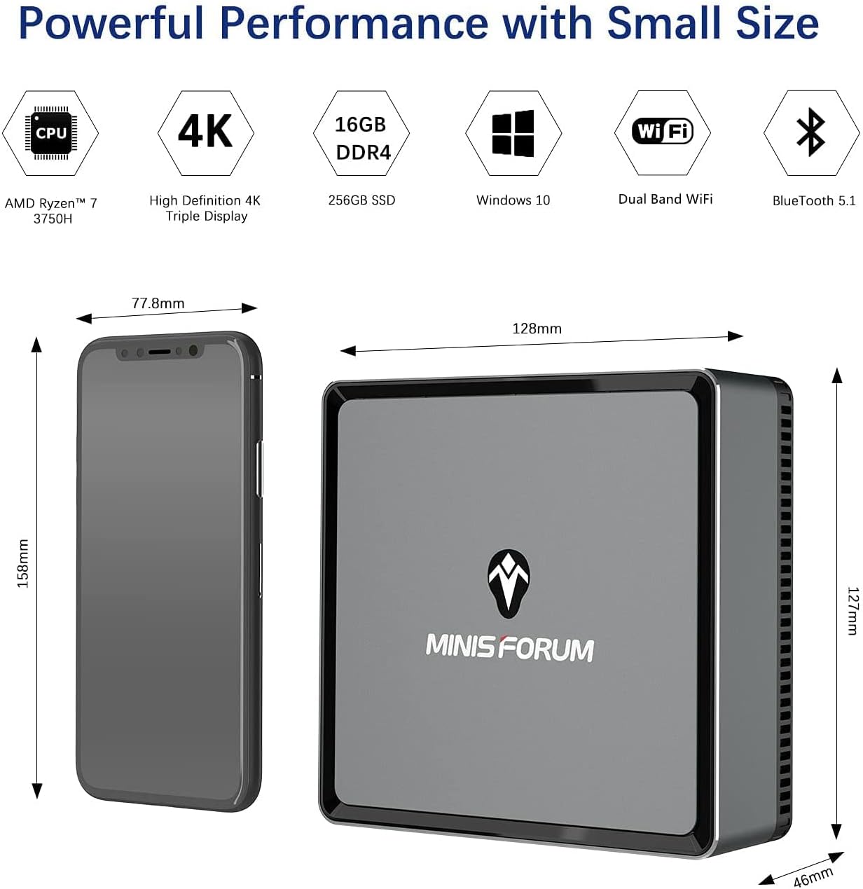 Mini PC AMD Ryzen 7 3750H UM700 | 16 GB RAM 256 GB PCIe SSD Mini Desktop Computer | Radeon RX Vega 10 Graphics | Dual WiFi BT 5.1 | HDMI/Display/USB-C | RJ45 4X USB 3.0 Ports Small Form Factor