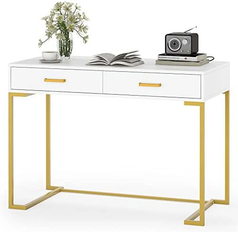 CGFHYP Computer Desk with 2 Drawers  41.34\u201D Modern Simple White and Gold Writing Desk with  Drawers   Vanity Console Table Study Desk for Home Office - Curated Treasures Market