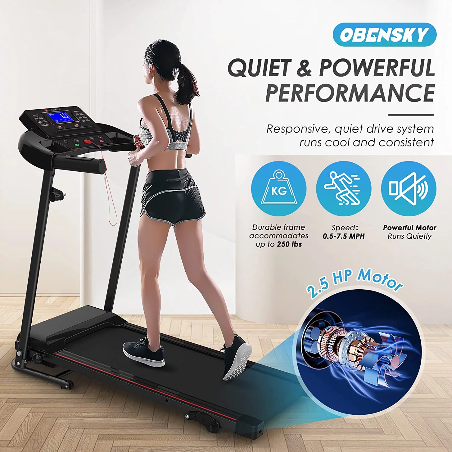 OEBNSKY Folding Incline Treadmill for Home with Smart LCD Display, 265lbs, 12 Programs 3 Modes, MP3 Music Speaker, 2.5HP Electric Foldable Treadmill Running Machine