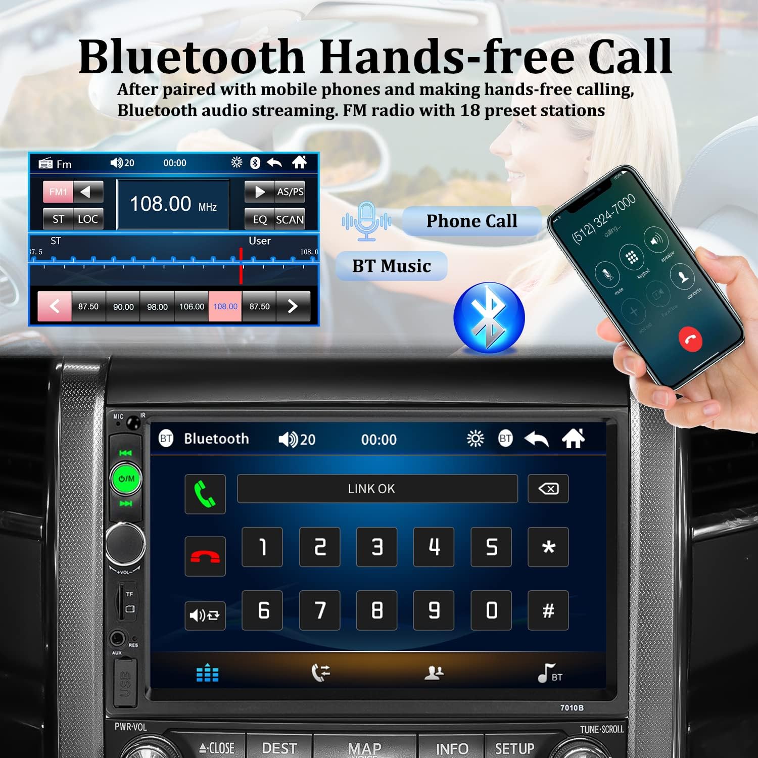 Car Stereo Double Din Car Radio 7 Inch HD Player MP5 Touch Screen Digital Display Bluetooth Multimedia 2 Din FM Radio Receiver AUX In USB TF Card Input Mobile Mirror Link with 12 LED Car Backup Camera