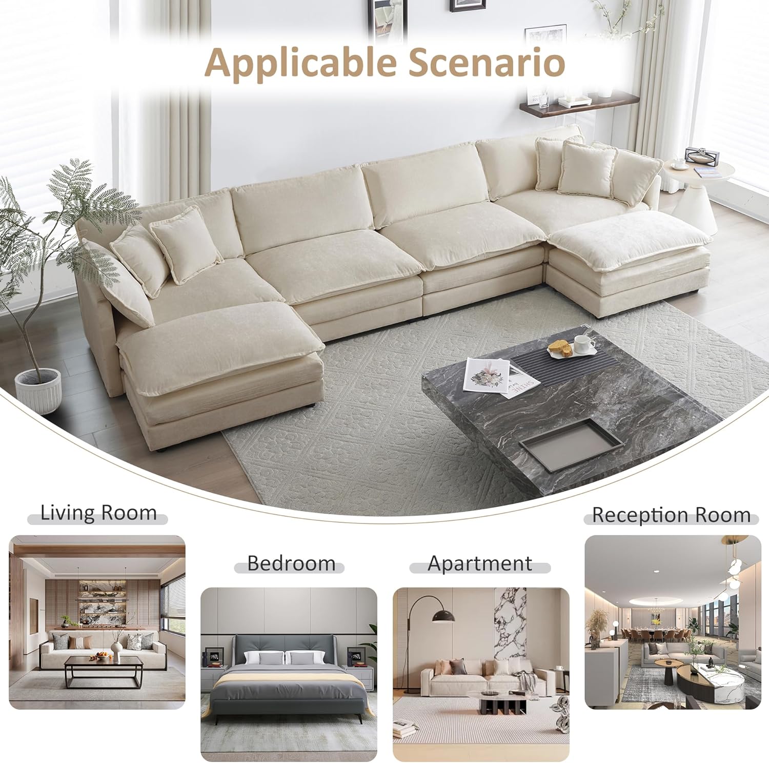 146" Oversized U-Shaped Modular Sectional Sofa Couch for Living Room, Modern Soft Chenille Large Cloud Couch, Comfy Deep Seat with Chaise & Movable Ottomans (Camel, U-shaped 4 Seat)