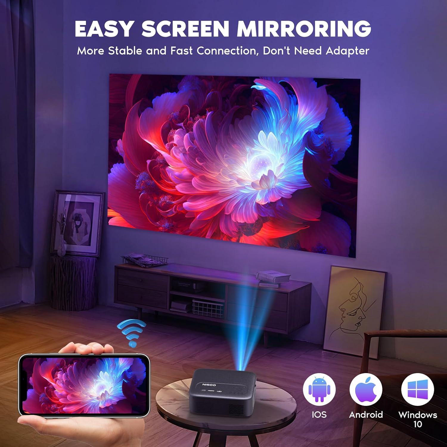 【Electric Focus】NISOO Native 1080P Projector, 4K Portable Projector with 700 ANSI, Projector with WiFi and Bluetooth, Zoom Function, Outdoor Movie Projector for Phone/Laptop/TV Stick/DVD/USB/HDMI