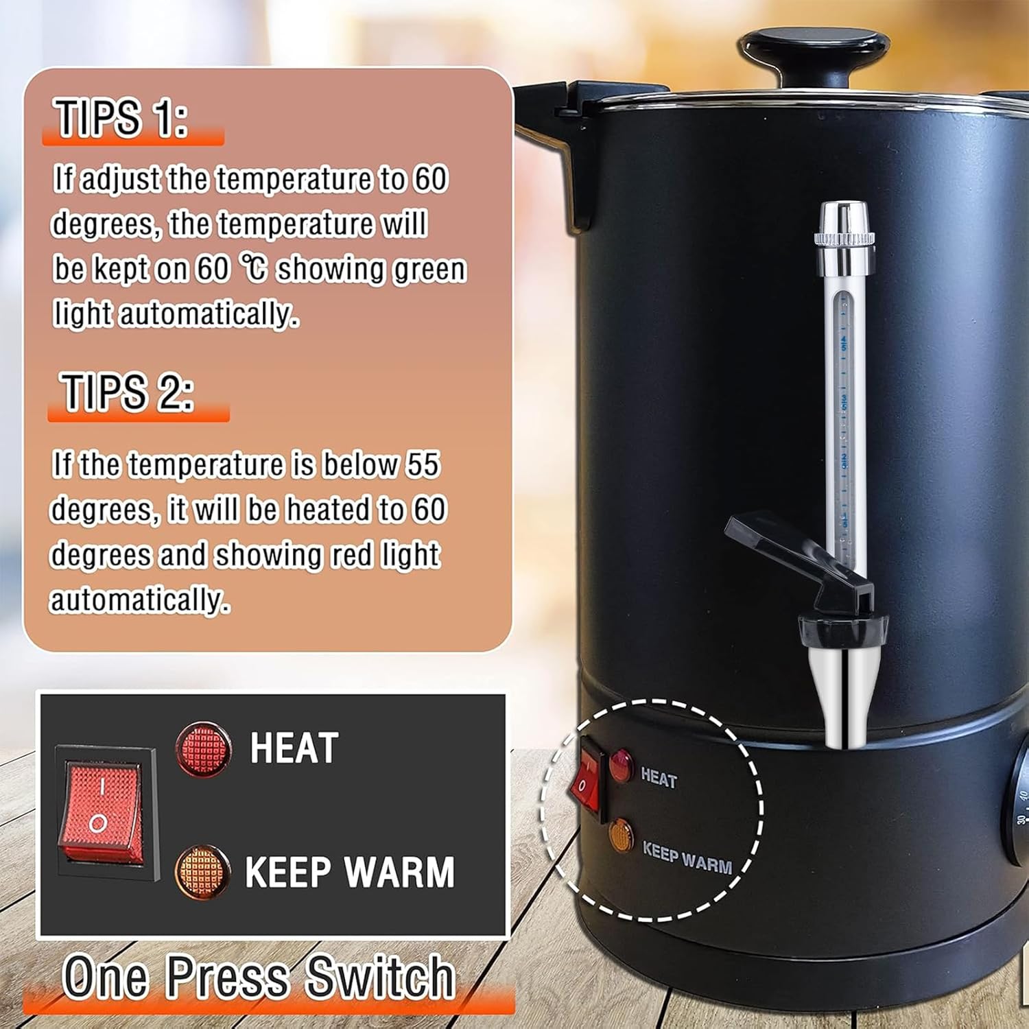 Commercial Coffee Urn 304 Grade Stainless Steel Percolate Coffee Pot Coffee Maker Hot Water Urn 1600W Hot Drink Dispenser for Catering, 50-Cup 8 L (Black)