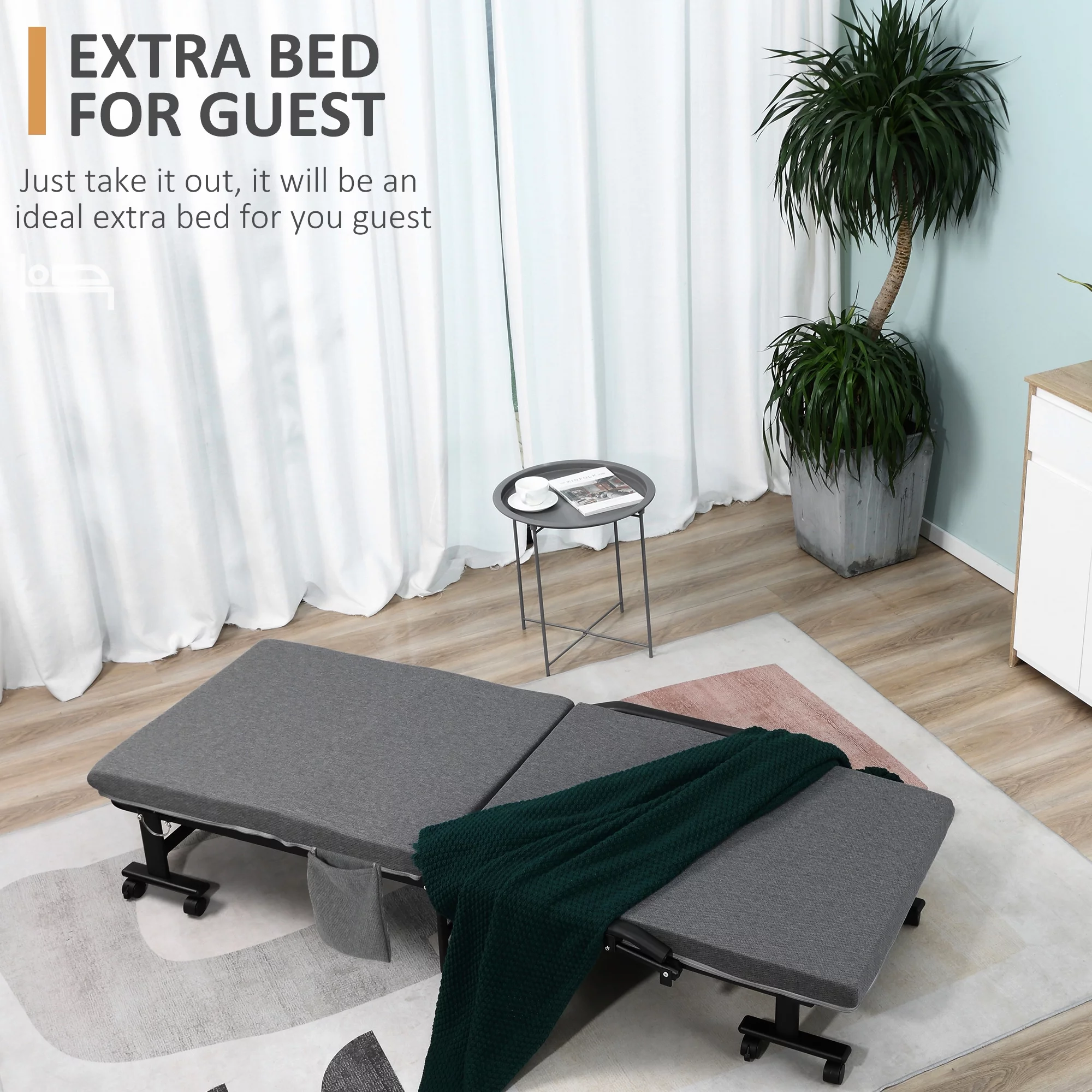 HOMCOM Rollaway Bed, Folding Bed with 3.25" Mattress, Portable Foldable Guest Bed with Adjustable Backrest, and Metal Frame on Wheels, Dark Grey