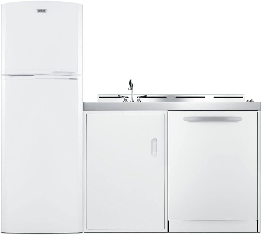 Summit Appliance ACKDW72 72" Wide All-in-one Kitchenette with Full-sized Frost-free Refrigerator-Freezer, 24" Dishwasher, Two Coil 115V Burners, Sink, and Storage Cabinet