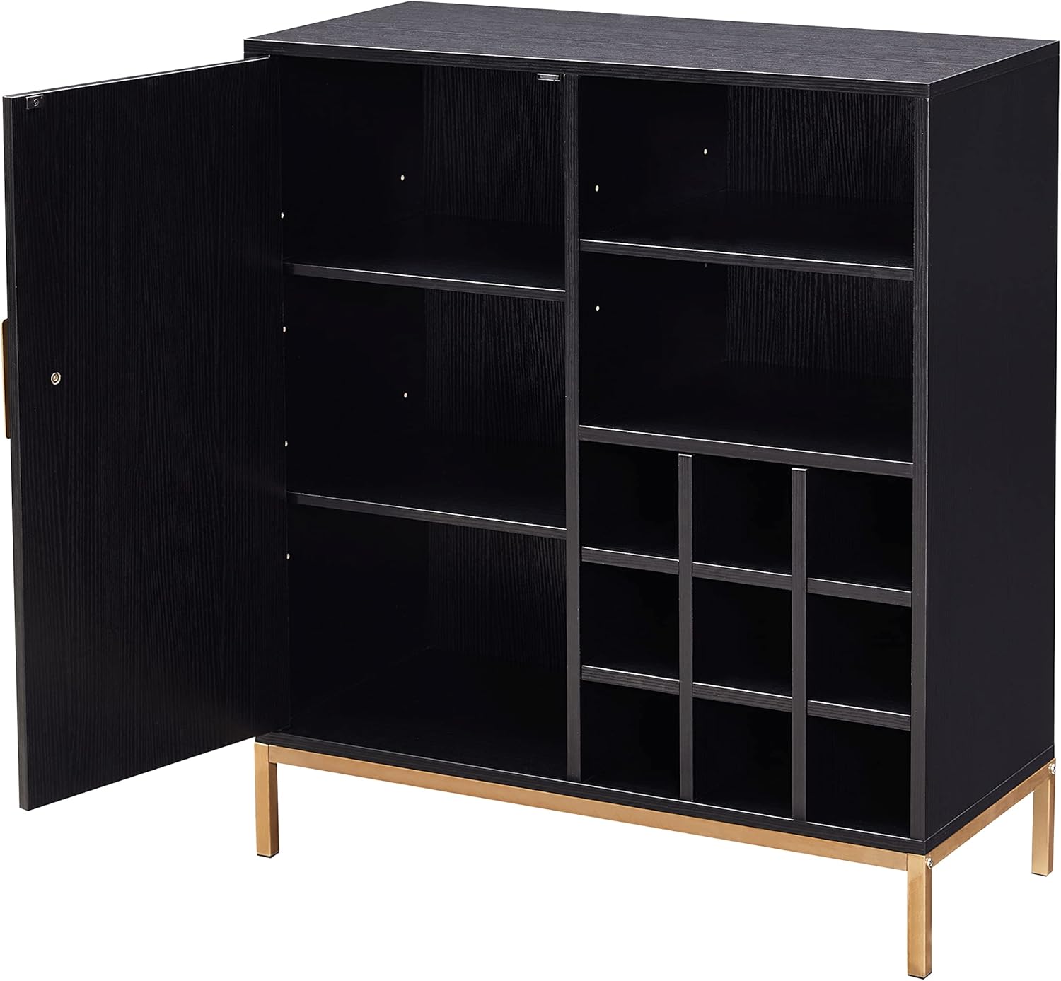 KB Designs – Black/Gold Wood Buffet Bar Liquor Cabinet with Wine Rack Storage and Glass Holder