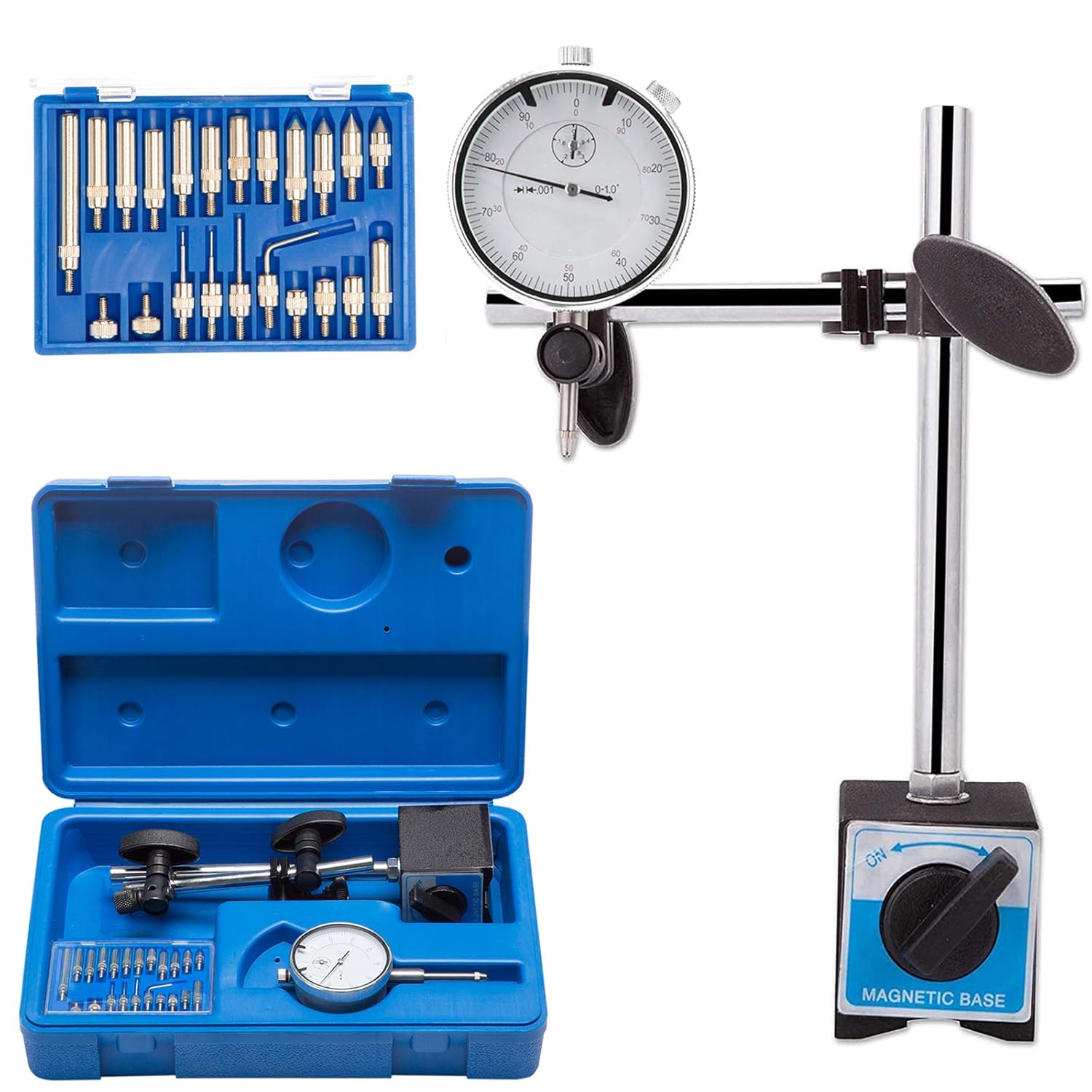 LAIWOO Dial Indicator with Magnetic Base Holder 0-1.0" Tester Gage Gauge Fine Adjustable Long Arm 0.001" Precision