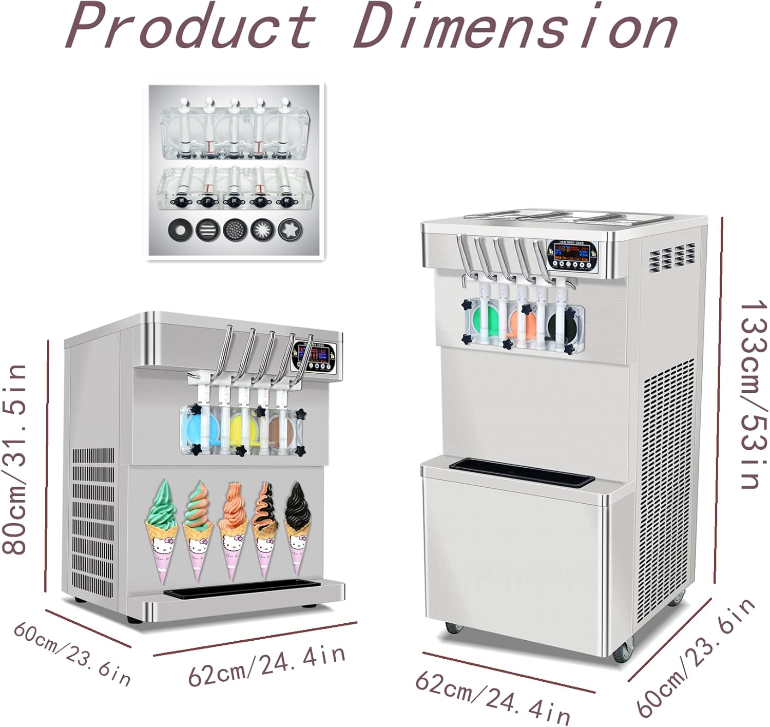 Commercial ETL 3+2 mixed Flavors Soft Serve Ice Cream Maker, High Production 5 Flavors Ice Cream Machine with Full Transparent Discharge Door & 5 Different Shapes of Mold & Upper Tank Refrigerated