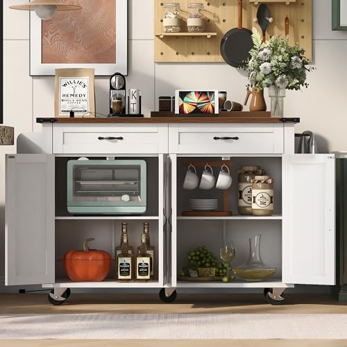54.5" Farmhouse Kitchen Island with Drop Leaf,Storage Cabinet Island on Wheel,Rolling Home Cart Breakfast Bar Table with Power Outlet, 3 Drawer, Spice Rack
