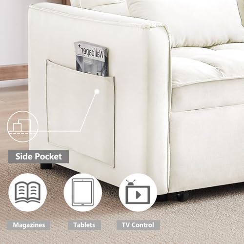 3 in 1 Convertible Sleeper Sofa Bed,Futon Loveseat Couch with Pull-Out Bed & Adjustable Backrest,Velvet Fabric Sofa with Side Pocket for Small Apartment, Living Room, Office (Black)