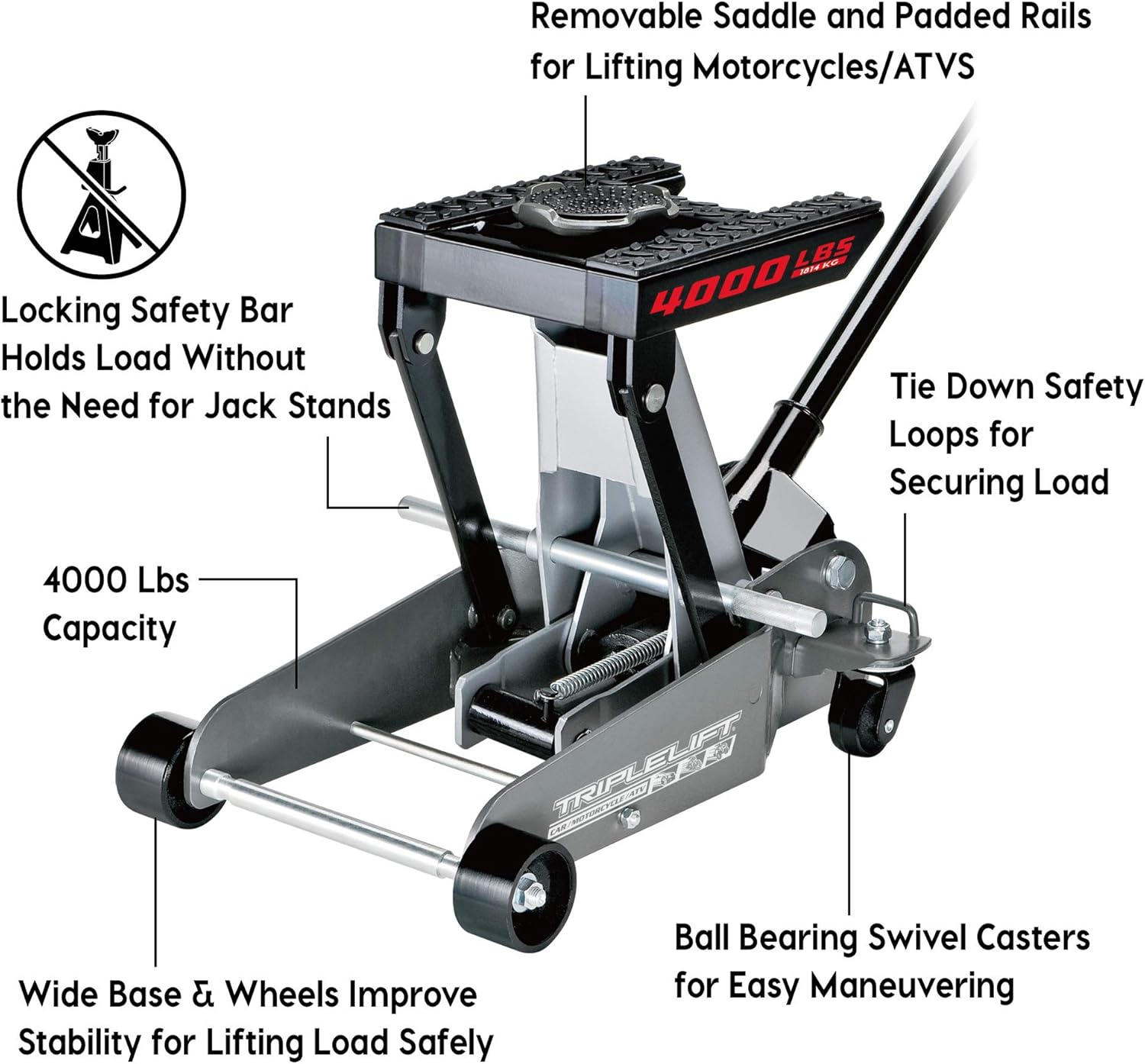 Powerbuilt 2 Ton Triple Lift Floor Jack, Lifts Cars, Trucks, Motorcycles, ATV's, Transmissions, Tie-Down Loops, Locking Safety Bar - 620422E, Silver