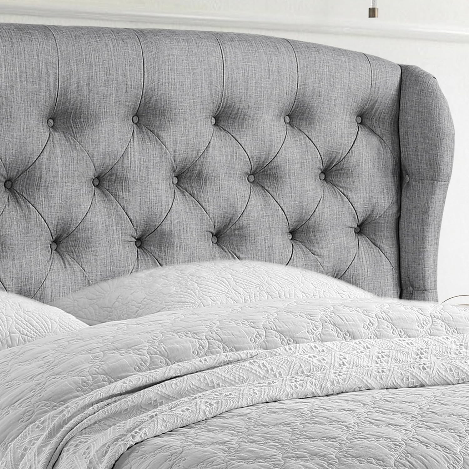 Rosevera Torrey Wingback Bed/Tufted Headboard Adjustable Height Bed Frame/Fabric Upholstered Bed Frame/Wood Slat Support/Easy Assembly,Queen,Linen Gray