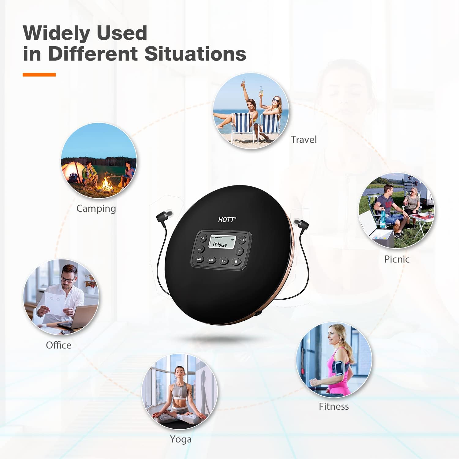 HOTT CD711T Bluetooth Rechargeable Portable CD Player for Home Travel and Car with Stereo Headphones and, Anti Shock Protection-Black