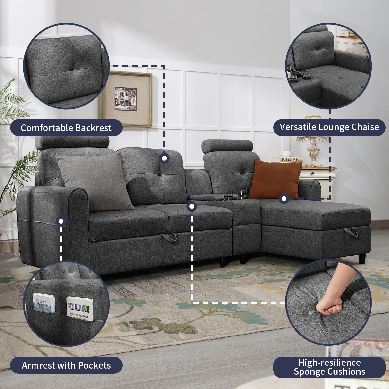 ZAFLY Convertible Sectional Couch, L Shaped Sofa with Storage Chaise, Modern Sectional Sofa with Cup Holders and Neck Pillows, Reversible Sectional Couch for Living Room, Dark Grey
