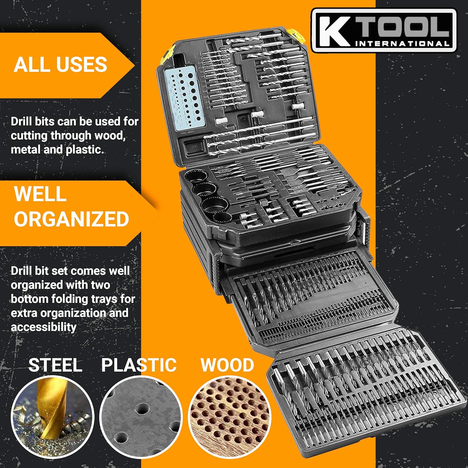 K Tool International Drill Bit Set Portable Tool Storage 326 Piece Set Drill Accessories with Case, Folding Trays, Portable Carrying Case, Easy Organization; KTI10330