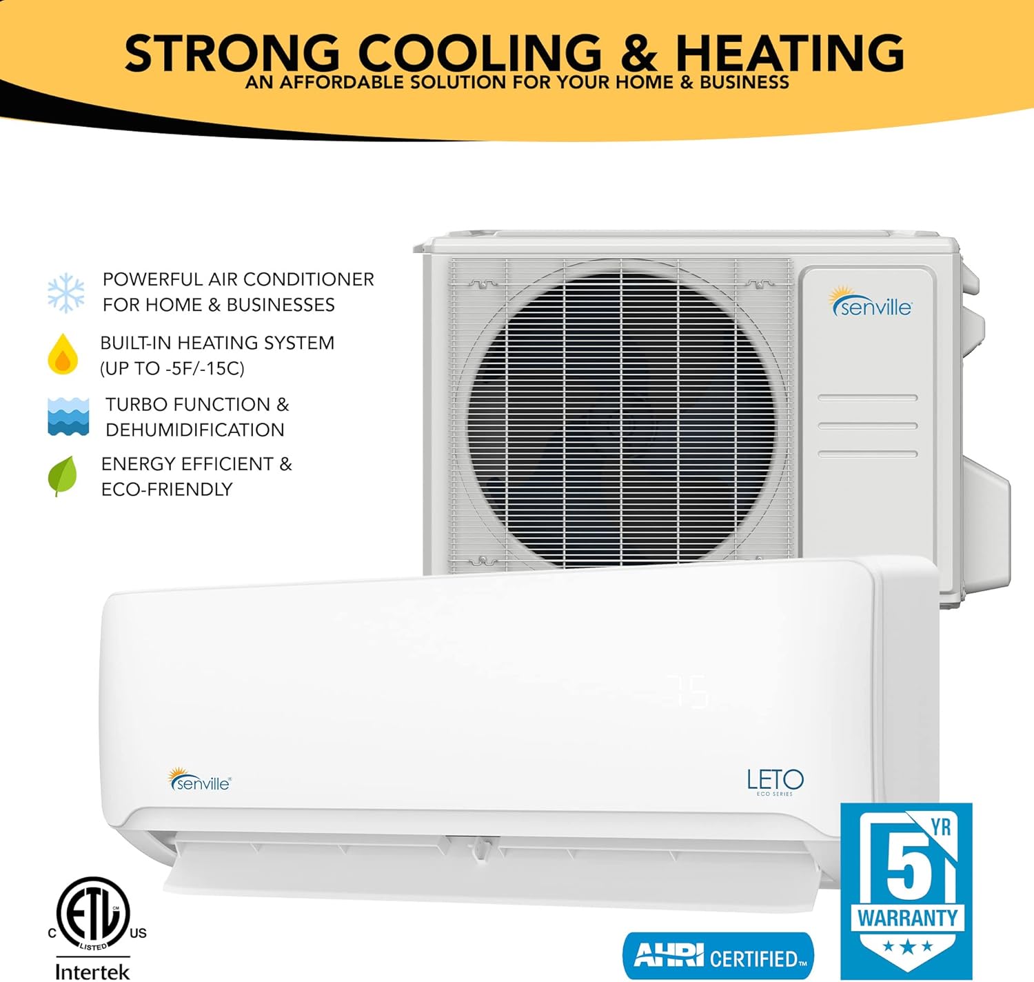 Senville LETO Series Mini Split Air Conditioner Heat Pump, 12000 BTU 208/230V, Works with Alexa, White