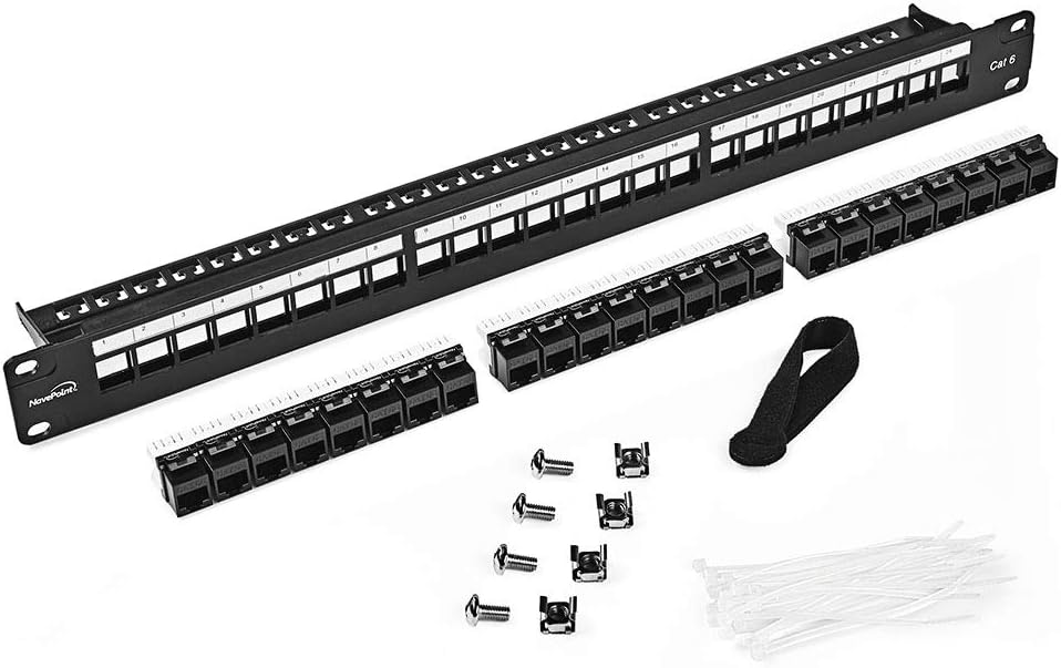 NavePoint 24-Port CAT6 UTP Patch Panel 1U with Keystones, RJ45 Ethernet, Black