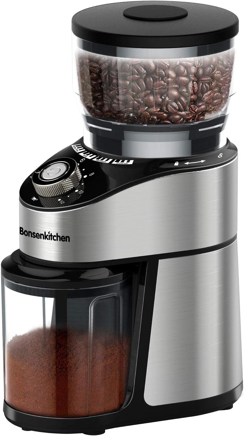 Electric Burr Coffee Grinder, Automatic Conical Burr Mill Coffee Bean Grinder with 12 Precise Grind Settings and Cup Selection, Large Capacity, Stainless Steel