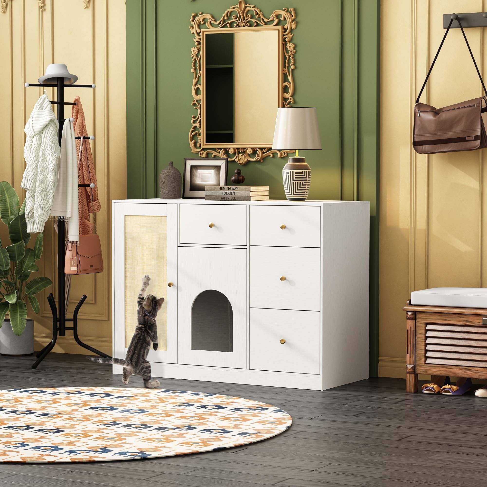 47.2" Cat Litter Box Enclosure Furniture with 4 drawers & Sisal door