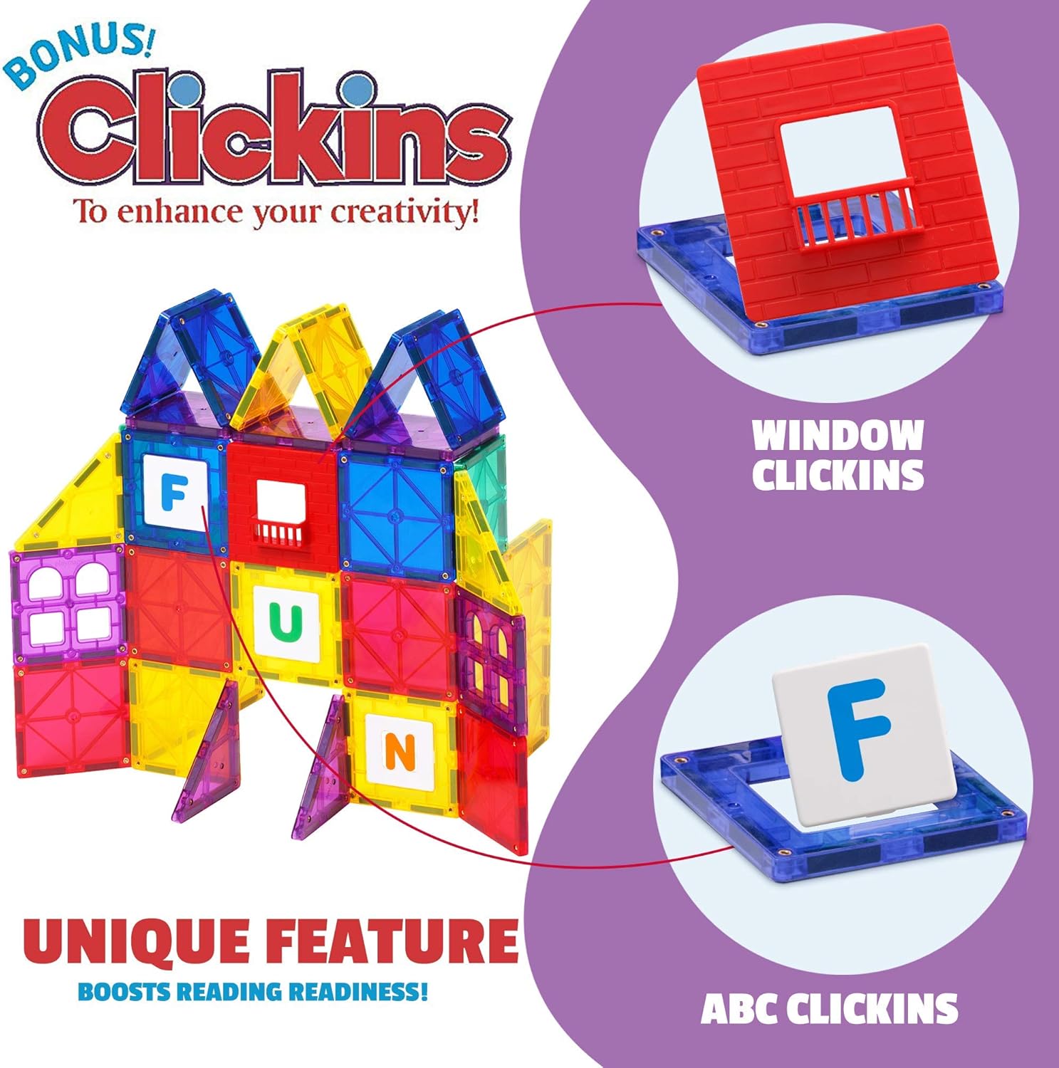 Award Winning Playmags Clear Colors Magnetic Tiles Building Set 50 + 6 Pc Set with Car - STEM Magnetic Toys Develop Motor Skills & Creativity, Colorful, Durable Magnet Building (56 Pc Set)
