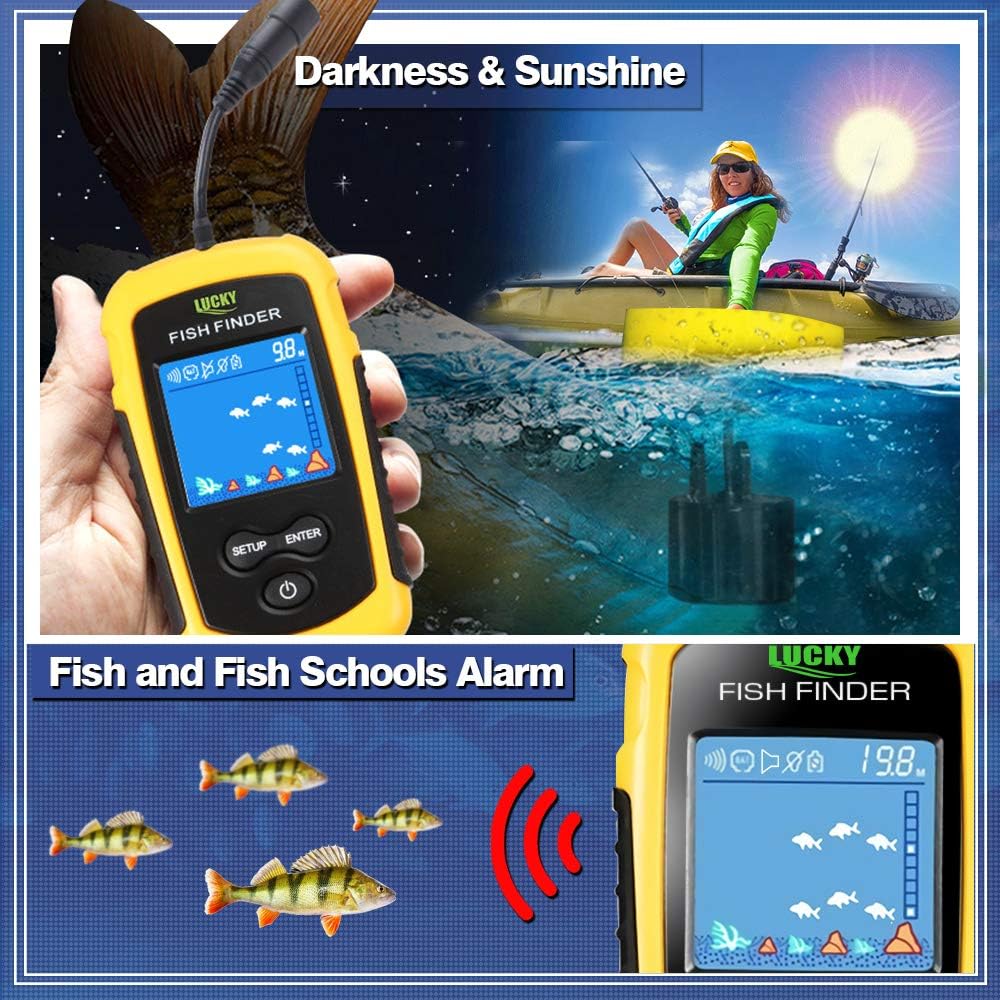 LUCKY Kayak Portable Fish Depth Finder Water Handheld Fish Finder Sonar Castable Kayak Boat Fishfinder Transducer Fishing LCD Display FFC1108 Pack of 2