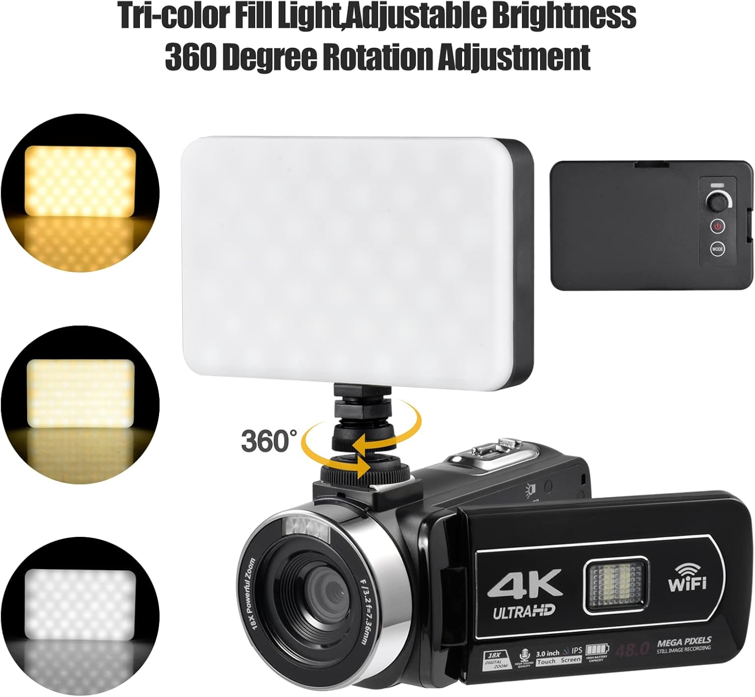 Video Camera 4K 18X Powerful Digital Zoom,48MP 3.0 Inch IPS Vlogging Camera for YouTube,270 Degree Rotation Touch Screen Camcorder with Microphone,IR Night Vision and 2 Batteries(Black)
