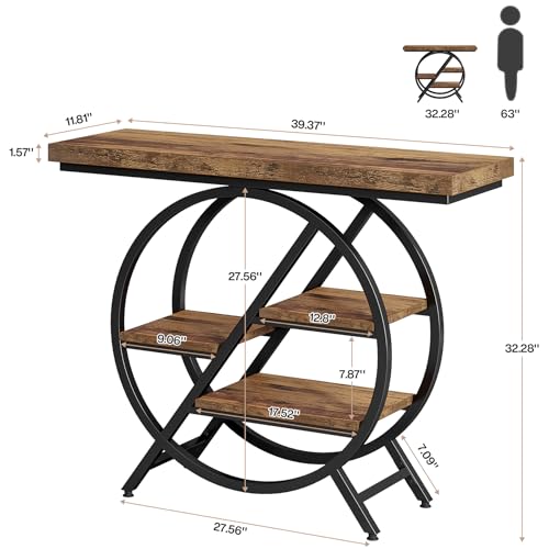 Tribesigns Console Table, 39.4-Inch Entryway Table with Thickened Tabletop, 4- Tier Industrial Narrow Hallway Sofa Table with Geometric Metal Frame for Living Room, Entryway, Rustic Brown
