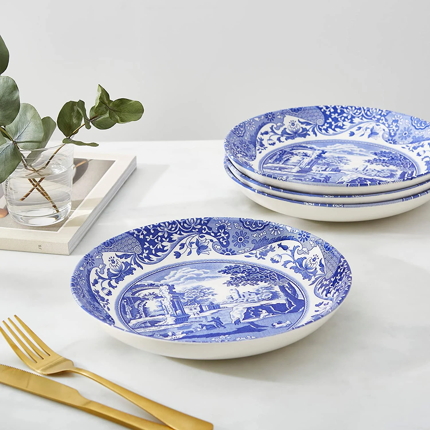 Spode Blue Italian Pasta Bowl Set of 4, 9-Inch Salad, Pasta, and Soup Serving Bowl, Round, Wide, and Shallow Bowl, Microwave Safe Plate Dishwasher Safe