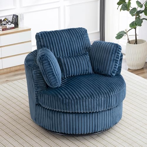 Chair and A Half with Ottoman, 360° Swivel Accent Barrel Chair Modern Comfy Round Reading Sofa Swivel Chairs Circle Lounge Chair for Bedroom Living Room w/4 Pillow Lower Seating Heigh (White, Large)